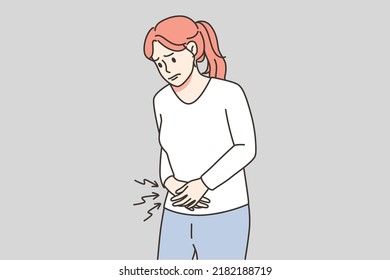 Unhealthy woman suffer from periods pain during pms. Unwell female struggle from stomachache. Healthcare concept. Vector illustration. 