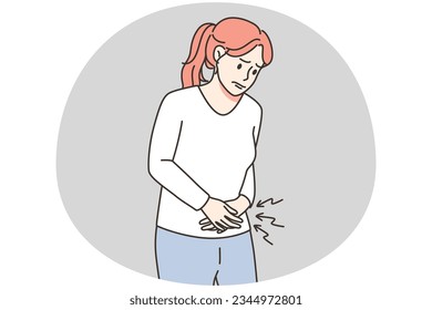 Unhealthy woman suffer from periods pain during pms. Unwell female struggle from stomachache. Healthcare concept. Vector illustration.