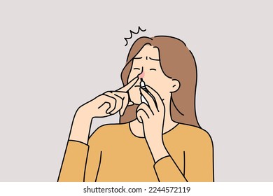 Unhealthy woman suffer from rhinitis put medical drops into nose. Unwell female with runny nose take medication. Vector illustration. 