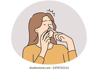 Unhealthy woman suffer from rhinitis put medical drops into nose. Unwell female with runny nose take medication. Vector illustration.