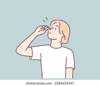 Unhealthy woman suffer from rhinitis put medical drops into nose. Unwell female with runny nose take medication. Hand drawn style vector design illustrations.