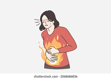 Unhealthy woman suffer from stomach ache or gastritis. Unwell female touch belly struggle with abdominal pain. Diarrhea or constipation. Gastric disease or bloating. Flat vector illustration. 