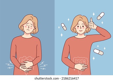 Unhealthy woman suffer from stomachache and feel better after pill. Girl taking medication from belly pain. Medicine and pharmacology. Vector illustration. 