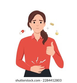 Unhealthy woman suffer from stomachache and feel better after pill. Girl taking medication from belly pain. Medicine and pharmacology. Flat vector