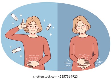 Unhealthy woman suffer from stomachache and feel better after pill. Girl taking medication from belly pain. Medicine and pharmacology. Vector illustration.