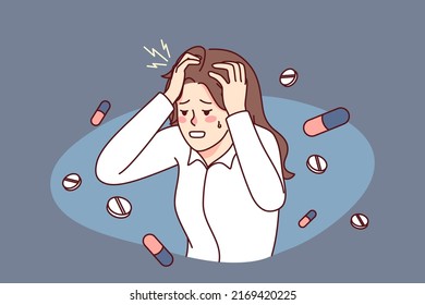 Unhealthy woman suffering from migraine need painkiller to relieve pain. Unwell female struggle with headache or dizziness. Healthcare and medication concept. Vector illustration. 