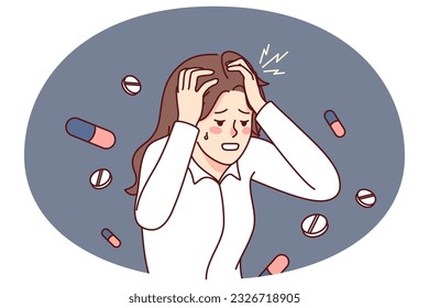 Unhealthy woman suffering from migraine need painkiller to relieve pain. Unwell female struggle with headache or dizziness. Healthcare and medication concept. Vector illustration.