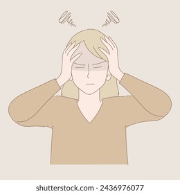 Unhealthy woman suffering from strong headache and migraine. Stressed girl touching head with hand, feeling headache, exhaustion. Hand drawn flat cartoon character vector illustration.