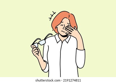 Unhealthy woman take off glasses suffer from migraine. Unwell female struggle with dizziness or blurry vision. Sight problem and healthcare. Vector illustration. 