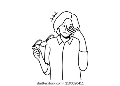 Unhealthy Woman Take Off Glasses Suffer From Migraine. Unwell Female Struggle With Dizziness Or Blurry Vision. Sight Problem And Healthcare. Vector Illustration. 