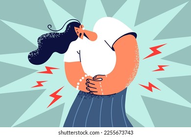 Unhealthy woman touch belly suffer from painful periods. Unwell female struggle with pain or ache during pms. Acute stomachache symptom. Vector illustration. 