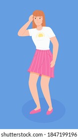 Unhealthy woman wearing skirt and t-shirt. Young female with headache. Girl has pain in her head, feel herself bad. Healthcare, problems with health. Isolated chartoon character in flat style