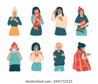 Unhealthy women with cold and flu symptoms, viral diseases. Illness or seasonal allergies. Girls feel sick virus, fever. Cough, sore throat, snot,  feeling unwell. Isolated flat vector illustrat