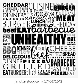 UNHEALTHY word cloud collage, fast food concept background