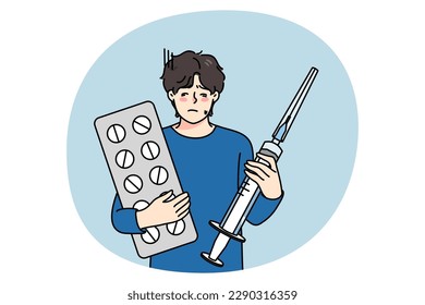 Un joven poco saludable con píldoras y jeringa recibe tratamiento del virus covid-19. Un tipo enfermo con medicamentos cura de la enfermedad del coronavirus. Problemas de gripe o fiebre. Ilustración vectorial.