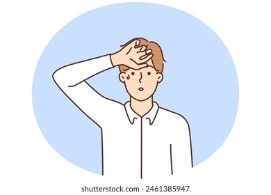 Unhealthy young man suffer from heatstroke. Unwell guy sweating struggle with hot weather or heat. Vector illustration.