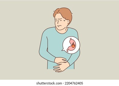 Unhealthy young man suffer from stomachache having spasms and inflammation. Unwell guy struggle with intestinal tract pain. Healthcare. Vector illustration. 