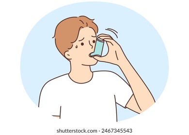 Unhealthy young man suffering from asthma use inhaler. Unwell sick guy struggle with health problems breathe with puffer device. Vector illustration.