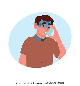 Unhealthy young man suffering from asthma use inhaler. Unwell sick guy struggle with health problems breathe with puffer device. Vector illustration.