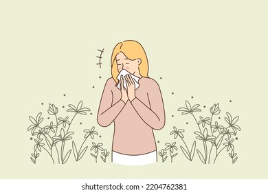 Unhealthy young woman standing in field sneezing suffering from seasonal allergy. Unwell sick girl struggle with allergic reaction during summer season. Vector illustration. 