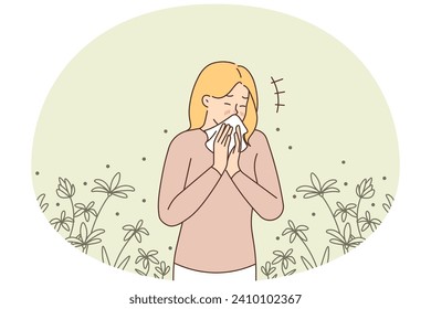 Unhealthy young woman standing in field sneezing suffering from seasonal allergy. Unwell sick girl struggle with allergic reaction during summer season. Vector illustration.