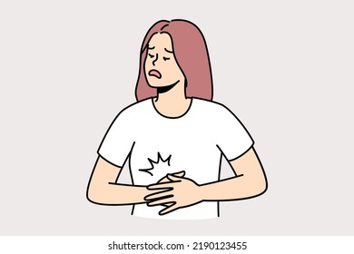 Unhealthy young woman suffer from acute stomachache. Unwell female struggle with belly pain or spasm. Healthcare. Vector illustration. 