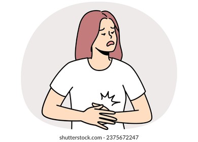 Las mujeres jóvenes insalubres padecen de dolor de estómago agudo. Las mujeres enfermas luchan con dolor de barriga o espasmo. Salud. Ilustración vectorial.