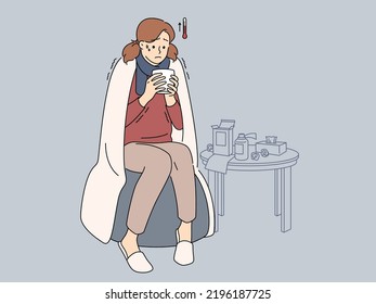 Unhealthy young woman suffer from cold drink warm tea take medications at home. Unwell sick girl struggle with influenza or covid. Medicine and healthcare. Vector illustration. 