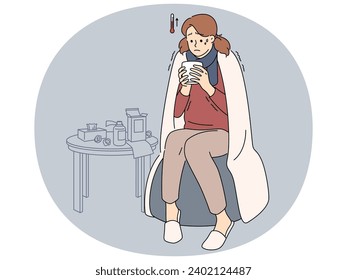 Unhealthy young woman suffer from cold drink warm tea take medications at home. Unwell sick girl struggle with influenza or covid. Medicine and healthcare. Vector illustration.