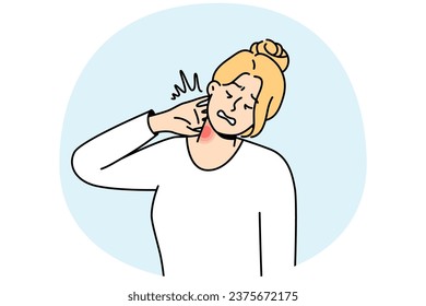 Unhealthy young woman suffer from neck pain after sedentary work. Unwell girl struggle with backache or spasm. Healthcare concept. Vector illustration.