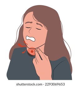 Unhealthy young woman suffer from thyroid problems. Unhappy sick female struggle with hyperthyroidism. Larynx body organ trouble. Healthcare. Vector illustration.