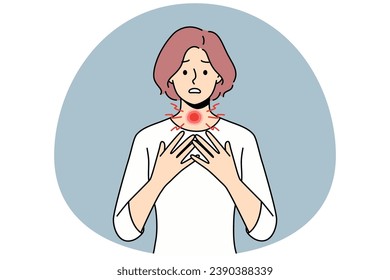 Unhealthy young woman suffer from thyroid problems. Unhappy sick female struggle with hyperthyroidism. Larynx body organ trouble. Healthcare. Vector illustration.
