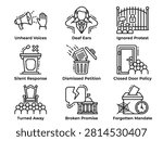 Unheard Voices and Ignored Protest Icon Set with Dismissed Petition and Broken Promise—Ideal for Government Neglect Design