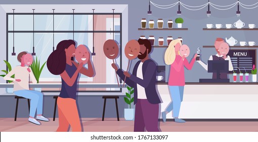 unhhappy people holding happy masks cafe visitors covering faces emotions behind mask fake feeling mental disorder concept restaurant interior full length horizontal vector illustration