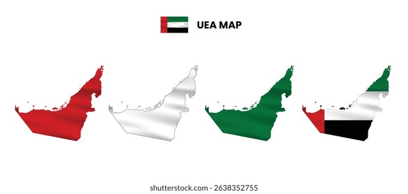 Uni Emirates Arab map in various style frames, icons, black color, borders, flag colors. Vector illustration