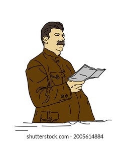 Uni Soviet leader Joseph Stalin line art cartoon with color