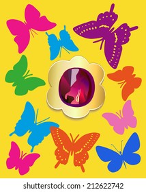 Unicolorous flat butterflies fly in the direction of gemstone isolated on background