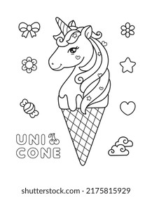 Unicone unicorn ice cream doodle coloring page