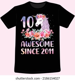 Unicorn, 10th Birthday T-Shirt Design. Vector illustration.