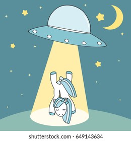 unicorn abducted by ufo cute cartoon vector illustration