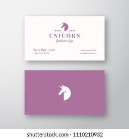 Unicorn Abstract Feminine Vector Sign or Logo and Business Card Template. Premium Stationary Realistic Mock Up. Modern Typography and Soft Shadows. Isolated.