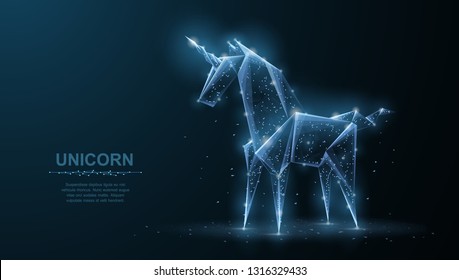 Unicorn. Abstract vector origami paper unicorn isoleted on blue. Magic, fantasy horse dream, miracle believe or wish symbol. Asia, japan art, origami concept illustration or background