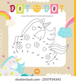 Unicorn activities for kids. Dot to dot game – pretty Pony. Connect the dots. Numbers games for kids. Coloring page. Vector illustration.