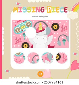 Unicorn activities for kids. Find the correct  missing piece for picture. Vector illustration. Matching game. Square page for Activity Book.