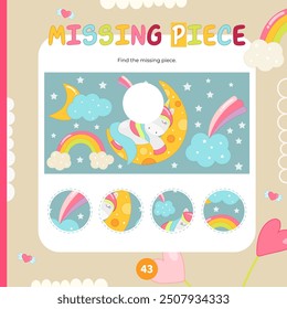 Unicorn activities for kids. Find the correct  missing piece for picture. Vector illustration. Matching game. Square page for Activity Book.