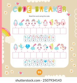 Unicorn activities for kids. Find the hidden words in Code Breaker. Logic games for children. Vector illustration. Square page for Activity Book.