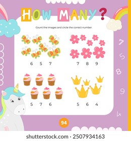 Unicorn activities for kids. How many. Count the number of objects. Vector illustration. Book square format.