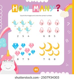 Unicorn activities for kids. How many. Count the number of objects. Vector illustration. Book square format.