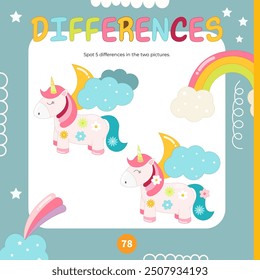 Unicorn activities for kids. Spot 5 differences. Cute pony. Vector illustration. Activity Book square format. Game to boost attention and focus.