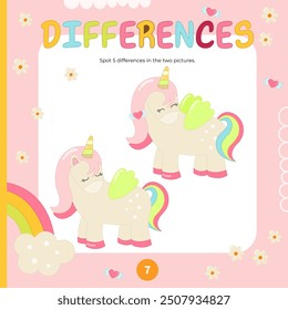 Einhorn Aktivitäten für Kinder. Spot 5 Unterschiede. Nettes kleines Pony. Vektorgrafik. Aktivität Buch quadratisches Format. Spiel, um Aufmerksamkeit und Fokus zu erhöhen.